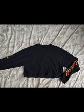 Tilly's Black Cropped Long Sleeve Tee with Flame Sleeves